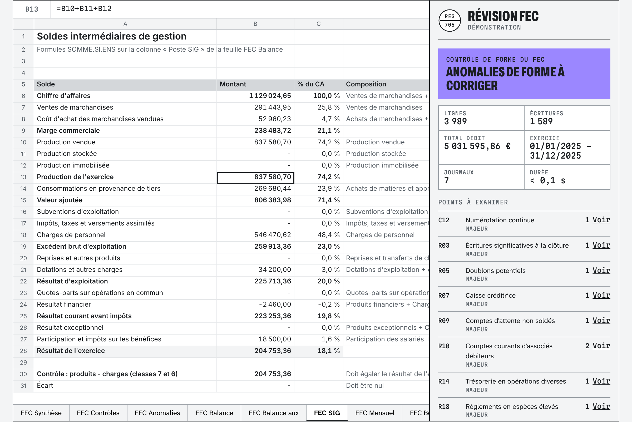 Feuille SIG : soldes intermédiaires de gestion calculés par formules SOMME.SI.ENS sur la balance, barre de formule visible.
